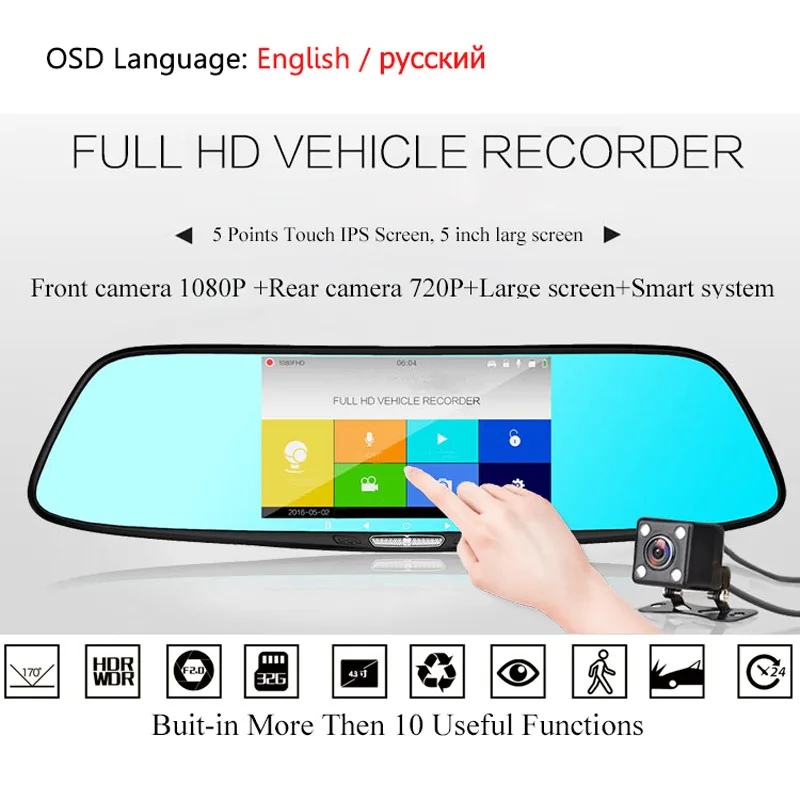 FHD 1080 P камеры автомобиля 5.0 "IPS Сенсорный экран зеркало заднего вида Камера