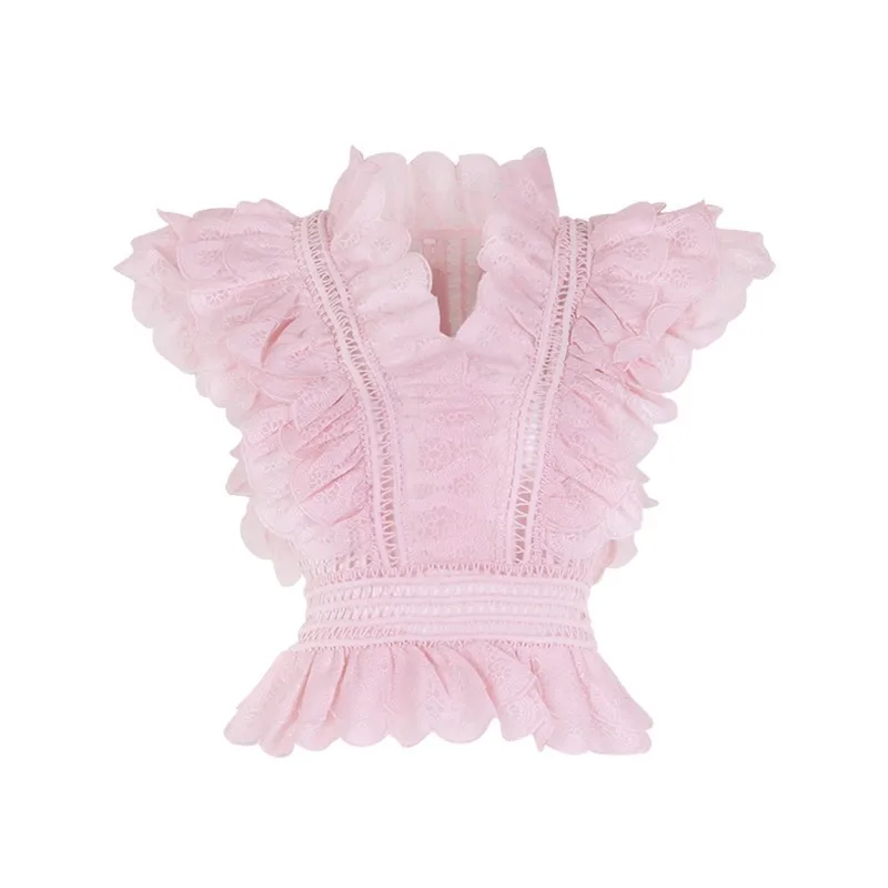 pink TWOTWINSTYLE Повседневная кружевная женская блузка, пэчворк, оборки, v-образный вырез, без рукавов, открытая тонкая рубашка, Женская мода, весна, Новинка - Цвет: pink