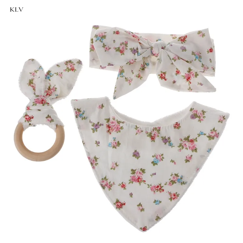 

KLV 3Pcs Baby Rabbit Ears Teether Cotton Bibs Headband Infant Saliva Towel Care Set Baby Nursing Gifts