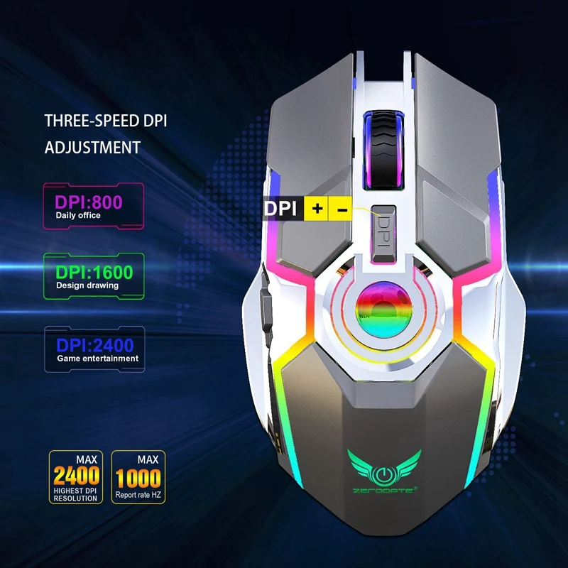 Zerodate T30 перезаряжаемая мышь Rgb Light 2,4G беспроводная мышь 2400 точек/дюйм для игрового плеера офисный ПК ноутбук