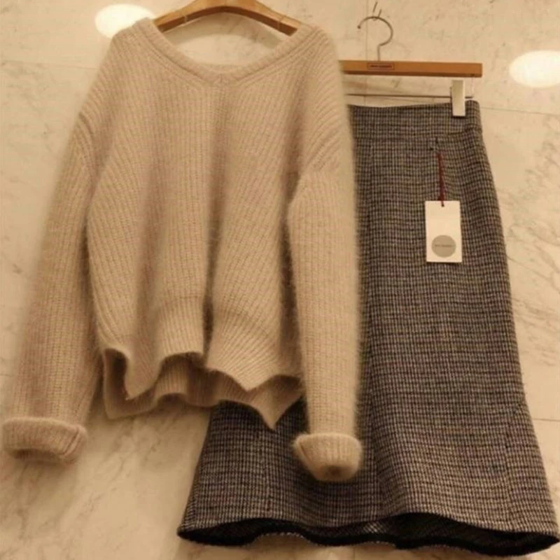 2018 Wool Blend Suits Woman Winter Sweaters Sets Women V neck Sweater + Skirts Two Piece Set Korean Pullovers Ladies Knitwear | Женская