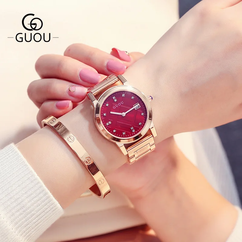 Часы GUOU женские кварцевые со стразами с календарем|reloj brand|reloj relojreloj women |