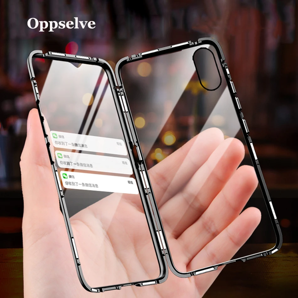 Двухсторонняя, для стекла Магнитный чехол для iPhone XS Max XR X 7 8 плюс Роскошный Металлический 360 градусов Полная защита чехол iPhone X S R