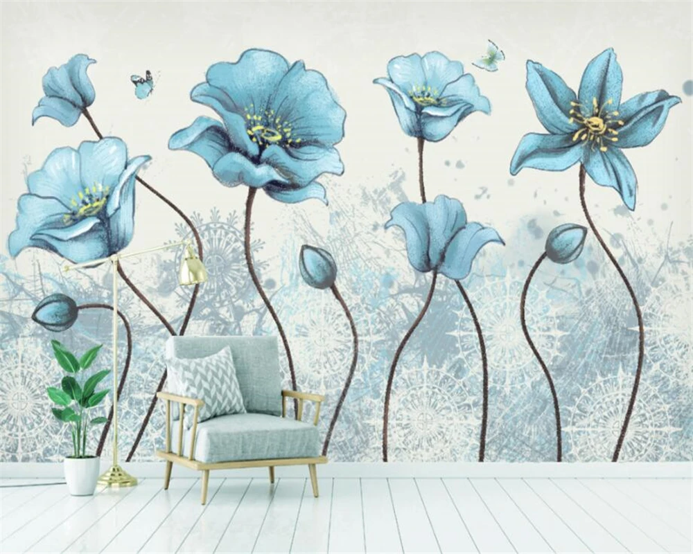 

Beibehang Custom Wallpaper European retro modern hand-painted flowers and birds small fresh background wall decorative painting