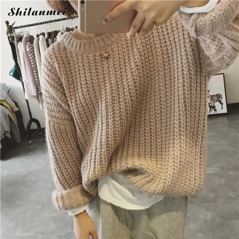 Корейский ретро Конопляный вязаный свитер Женский Повседневный свободный с