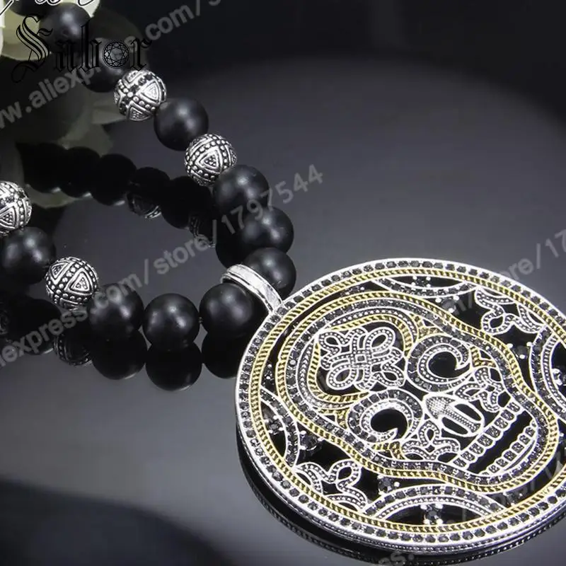 Череп Маска диск Кулон черный обсидиана бусы ожерелье Rebel ювелирные изделия для