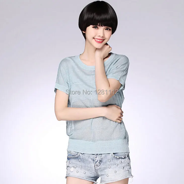 2015 Summer Transparent Sexy Women Tee Model Show Cool Knit Tops Short Sleeve Blouse Round Collar Loose Hollow Out Linen T-Shirt | Женская