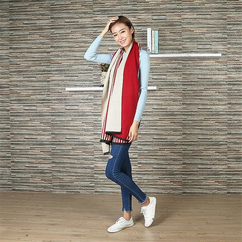 Зимний роскошный брендовый полосатый кашемировый шарф женский большой длинный