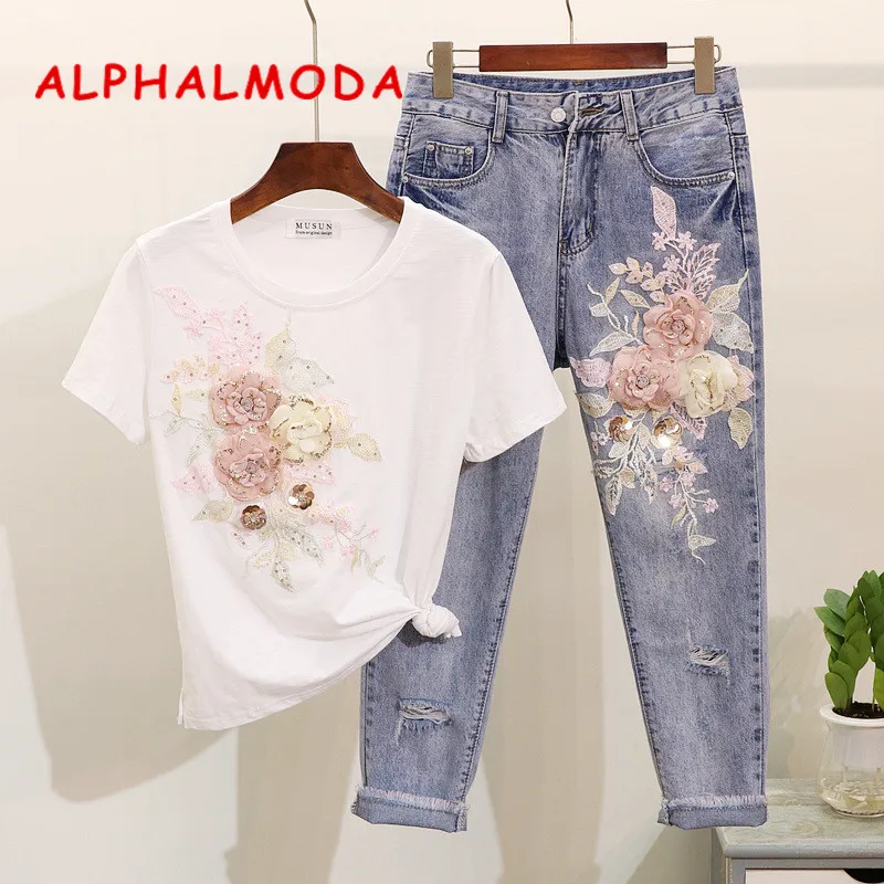 Женская футболка с блестками ALPHALMODA летняя 3D цветами |