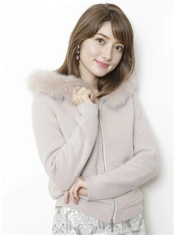 classic real fox fur hooded collar women fashion zip-up sweatshirts coat wool rabbit hair blend knitted one size