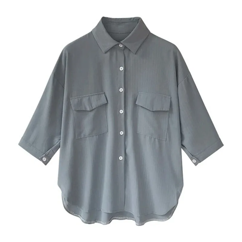 

Women Blouses Striped Half Sleeve Shirts Women Tops Casual Blouse Female Pocket Shirt
