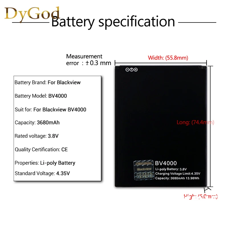 

Аккумулятор DyGod 3680 мА · ч для Blackview BV4000, высококачественный аккумулятор мобильный телефон для Blackview BV4000 Pro