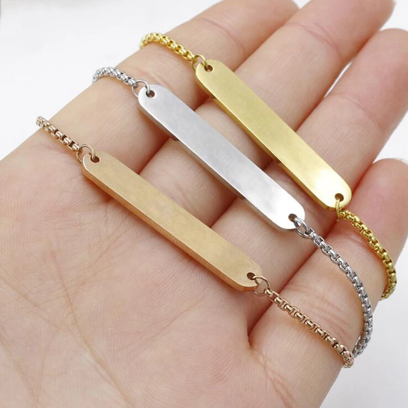 

Fnixtar Great Quality Adjustable Box Chain Stainless Steel Mirror Polished Bar Charm Bracelet 1.5*6*35mm Bar Bracelets 10pcs/lot