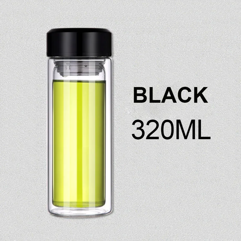 black 320 мл стеклянная бутылка для воды деловая Мужская офисная прозрачная двойная стеклянная бутылка для воды деловая фляга Прямая поставка - Цвет: black