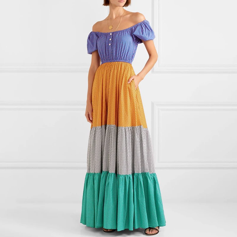 SISPELL Hit Color Floor-Length Women's Dress Slash Neck Off Shoulder Backless Dot A Line Female Dresses Fashion New 2019 Summer | Женская