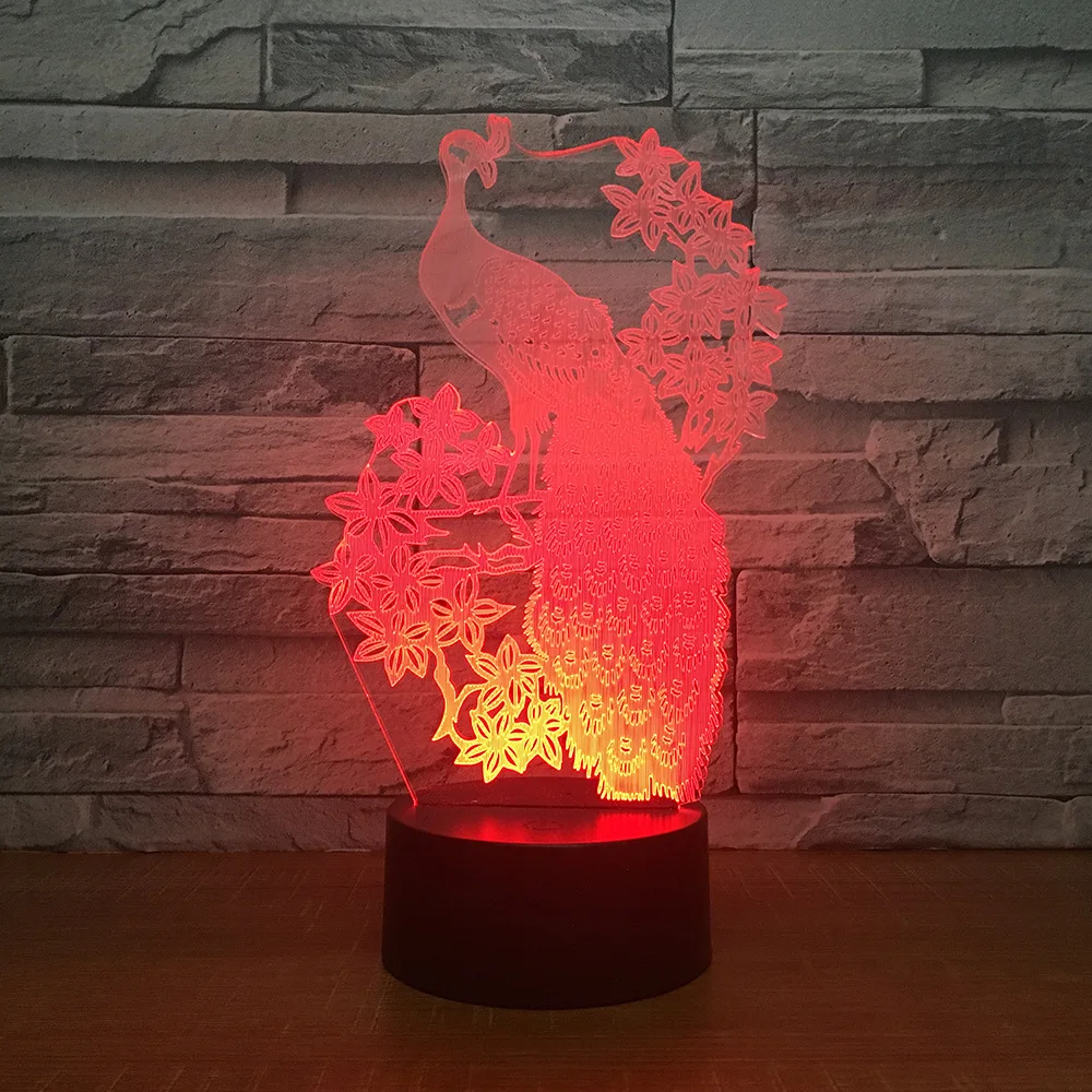 7 цветов меняющий Павлин 3D Светодиодные ночные светильники USB настольная лампа