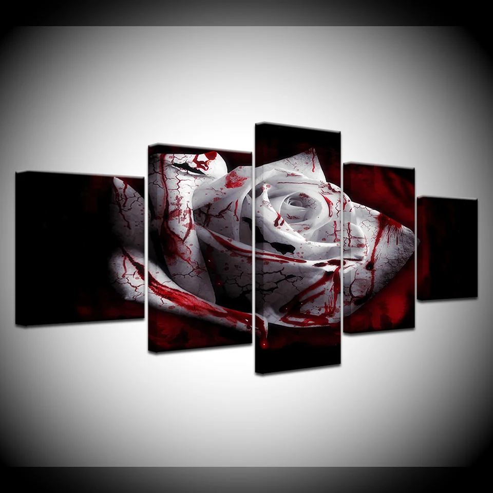 

Canvas HD Prints Pictures Modern Wall Art 5 Pieces Blood Dark White Rose Flower Modular Posters Home Decor Living Room Framework