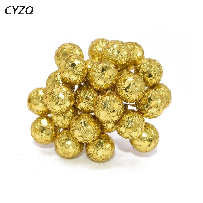 

50pcs/lot Glitter Gold Fruit Stamens Cherry Artificial Flower Small Berries for Wedding Christmas DIY Wreath Gift Box Decoration