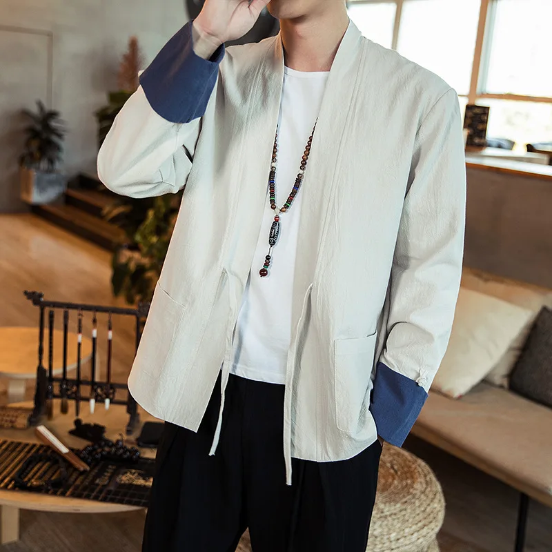 Chinese Style New Coat Large Size Men Kimono Patch Pocket Jacket Coarse Cloth Hanfu Linen Thin Male Plus M-5XL | Мужская одежда