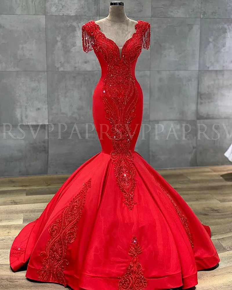 

Long Red Evening Dresses 2022 Stunning Mermaid V-neck Beaded Applique Arabic Dubai Women Satin Formal Evening Gowns