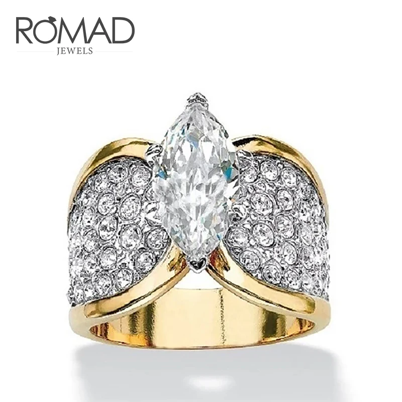 Роскошные широкие золотые кольца ROMAD для женщин циркониевое кольцо с кластерной
