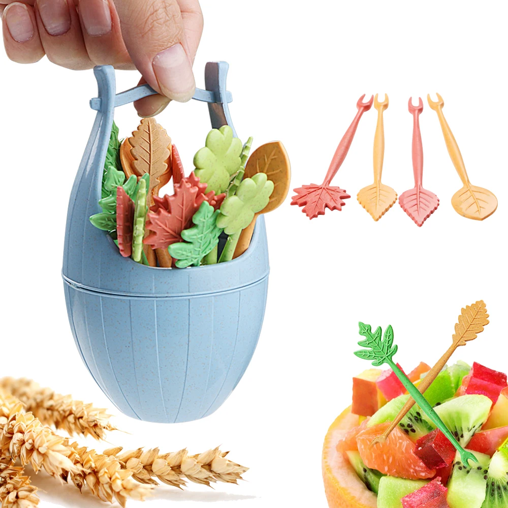 

16pcs/set Cake Salad Vegetable Forks Creative Fruit Sign Green Biodegradable Table Decor Tools Straw Leaves Fruit Fork Set