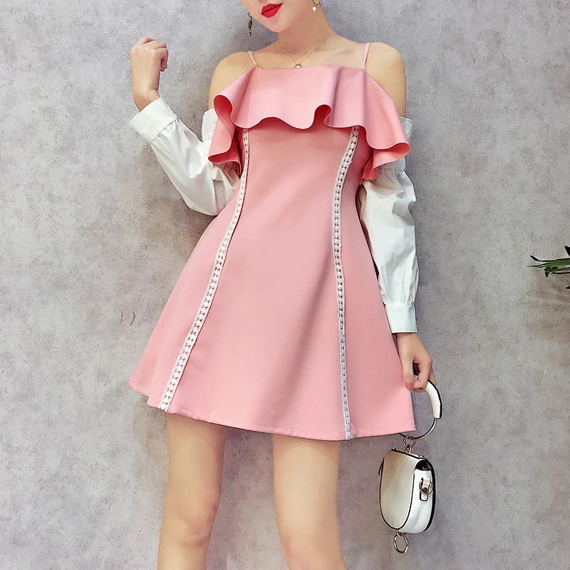 2018 Новый Для женщин Элегантный Весна summerruffles тонкий черный розовый платье без