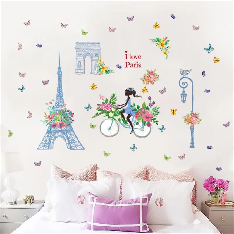 IDFIAF девушка езда велосипед Бабочка Цветы наклейки на стену для детей комнаты
