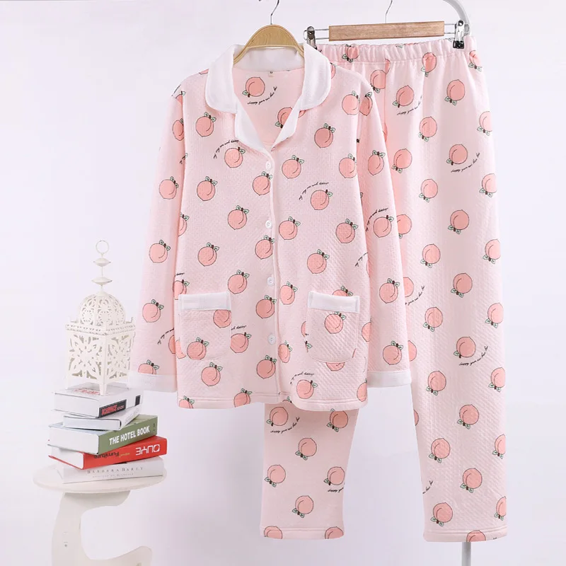 Kawaii, сочный персик, пижамы, наборы, для женщин, зимние, стеганые, хлопок, подводное плавание, пижамы, розовый, мультфильм, длинный рукав, теплые, для женщин, пижамы - Цвет: JH TZ peach Pink
