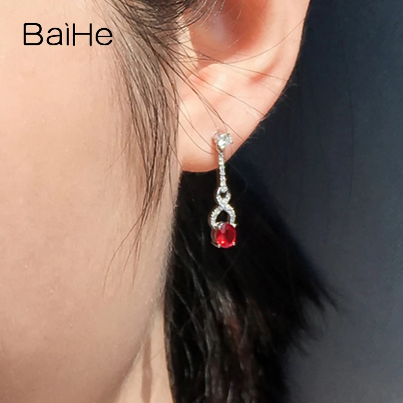 BAIHE Твердое 14 к белое золото 0.80ct Овальный натуральный рубин 0.26ct H/SI бриллианты Свадебные трендовые ювелирные изделия рубис бриллианты серьги