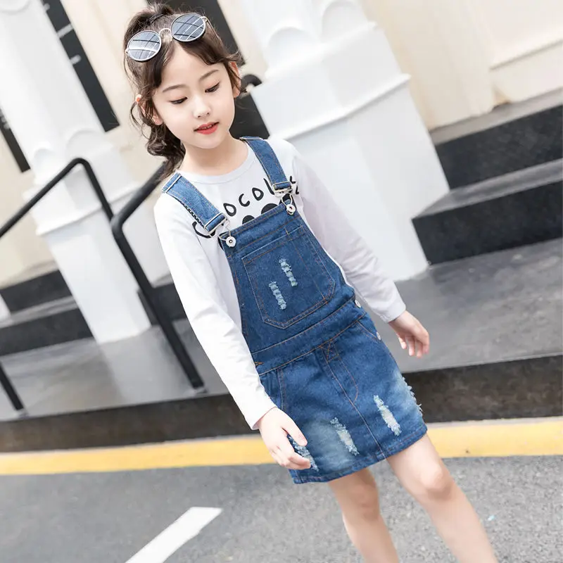 Denim fabric destory washed dresses girl suspenders belt sundress students dress fit for height 110cm to 160 cm | Детская одежда и
