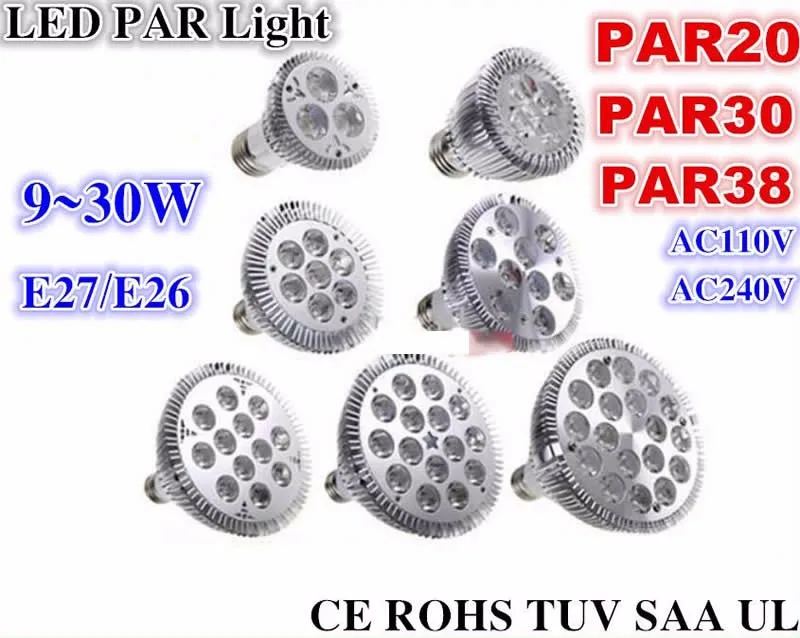 Затемнения светодиодный лампы Spotlight par38 par30 par20 85-265 В 9 Вт 10 Вт 14 Вт 18 Вт 24 вт 30 Вт E27 par 20 30 светодиодный освещения Spotlight Лампа светильник