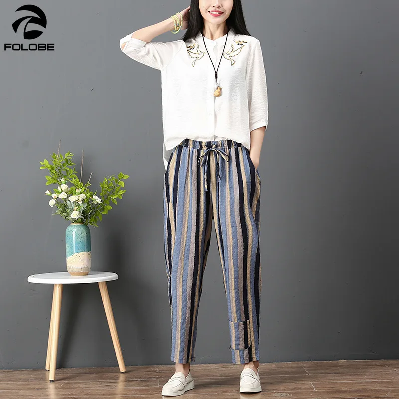 FOLOBE 2020 модные летние женские брюки до щиколотки с эластичным поясом свободные