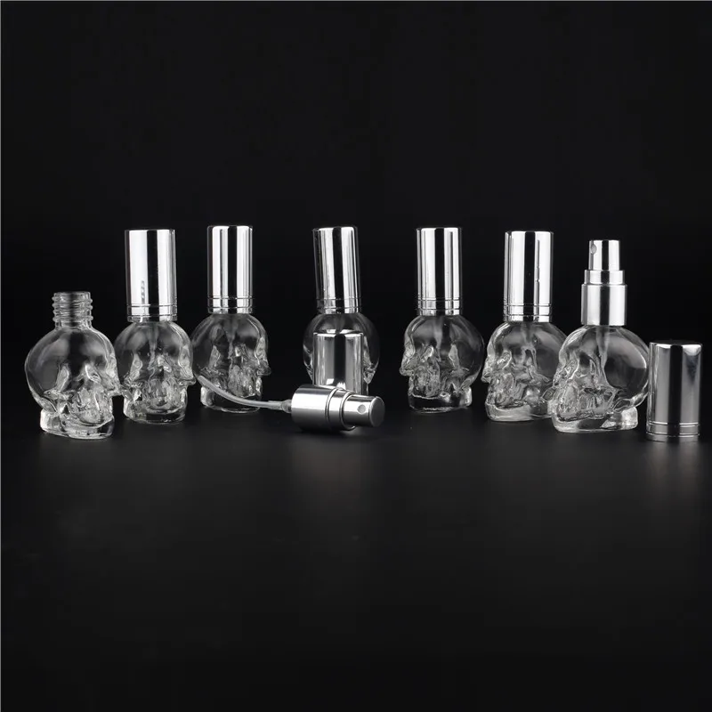 Shiny Silver 1 шт., 8 мл, 10 цветов, мини, для путешествий, уникальная личность, форма черепа, пустая стеклянная бутылка для духов, небольшой образец, портативные Бутылочки для парфюма - Цвет: Shiny Silver