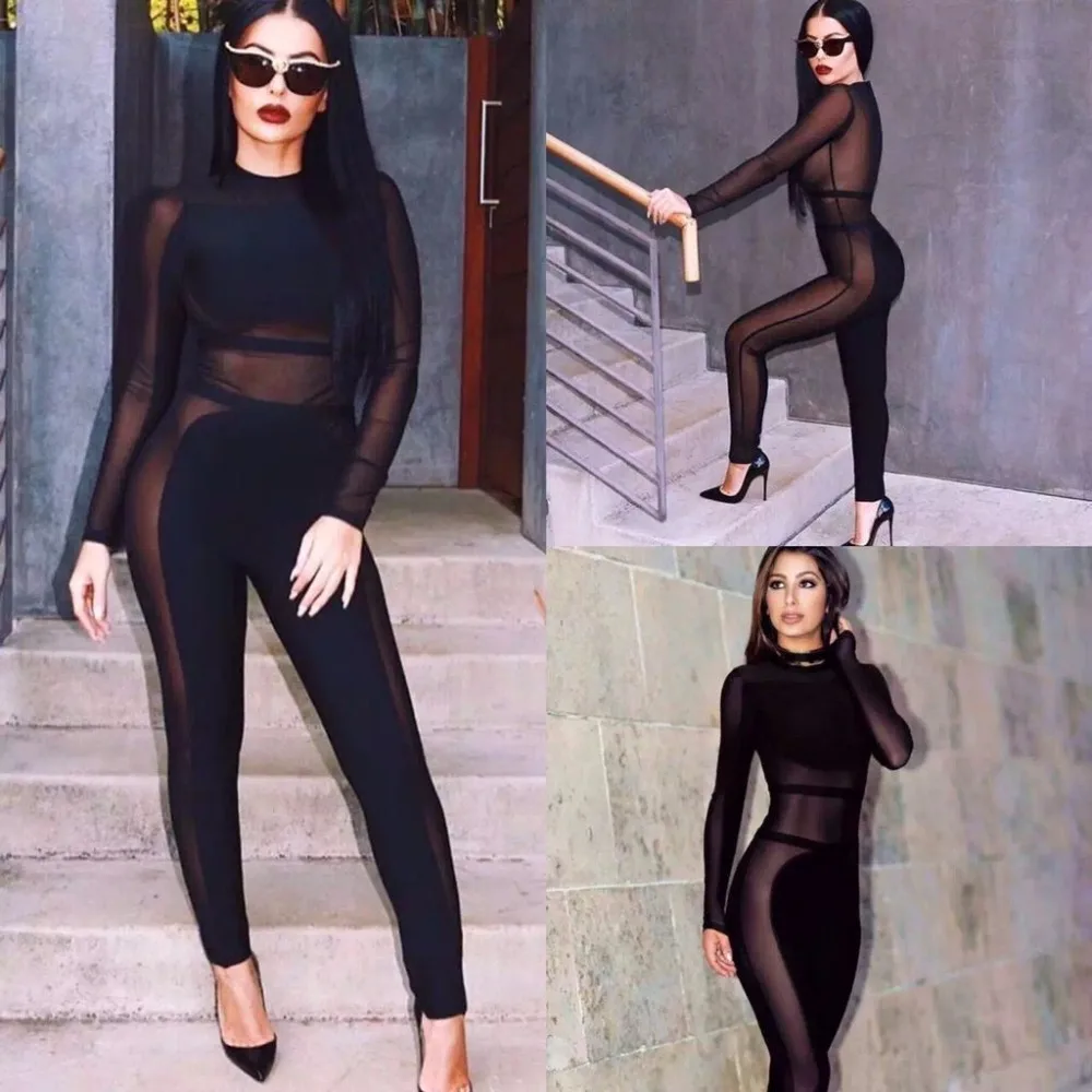 Бандажный комбинезон черный коричневый ажурный из искусственного шелка для