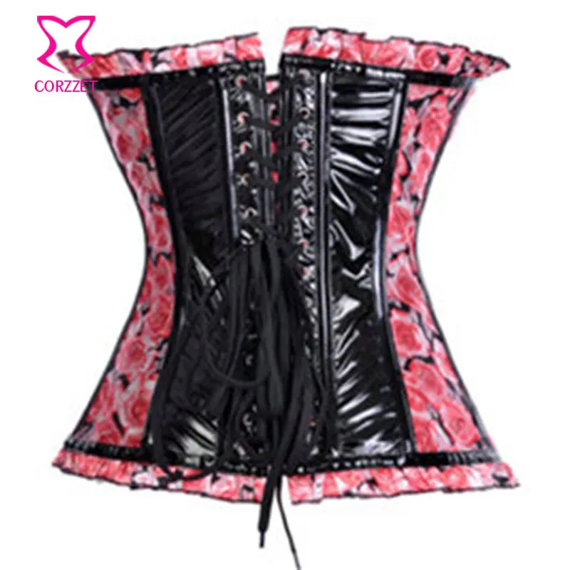 Rose Pattern Black PVC Leather Steel Boned Overbust Corset Sexy Corsets And Bustiers Steampunk Korset For Women Waist Trainer | Женская