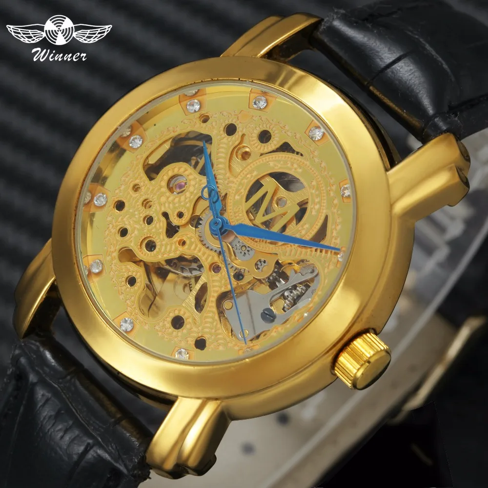 WINNER официальный бренд Роскошный Золотой Скелет Мужские и женские часы
