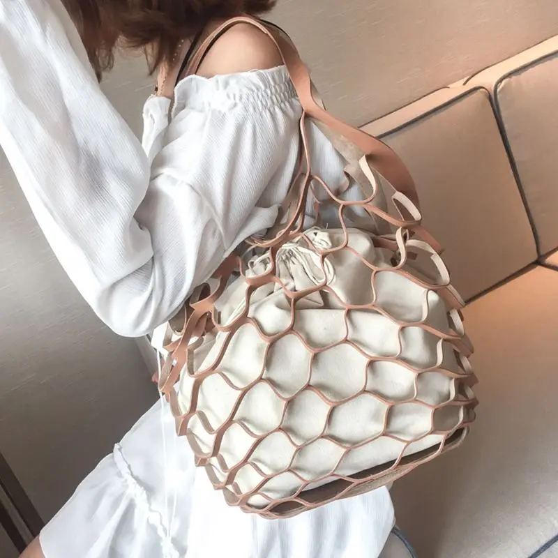 Ажурные сетчатые кожаные сумки летняя пляжная сумка ведро для отдыха Женская