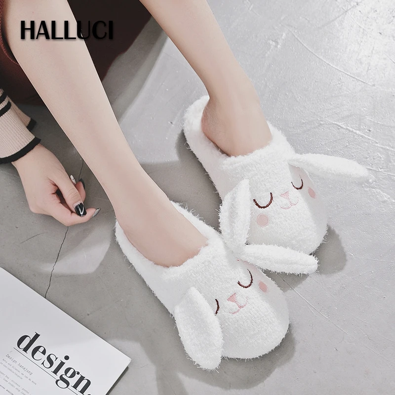 

Japanese Long ears rabbit home slippers shoes women short plush cute slides autumn Bedroom non-slip women cotton slipper shoes
