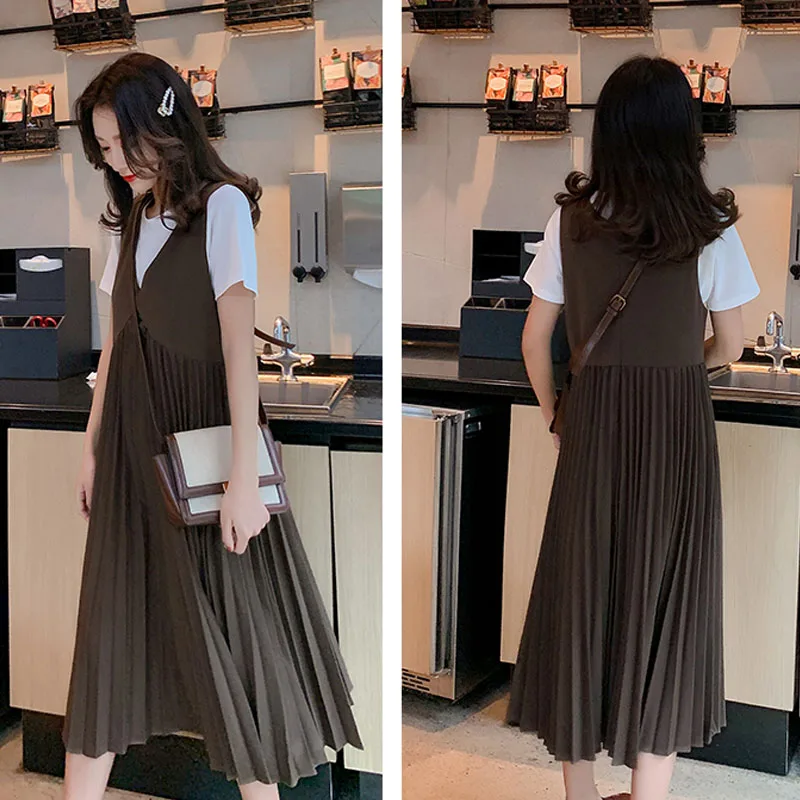 Плиссированное Платье Одежда для беременных женщин Топ 2 шт. комплекты