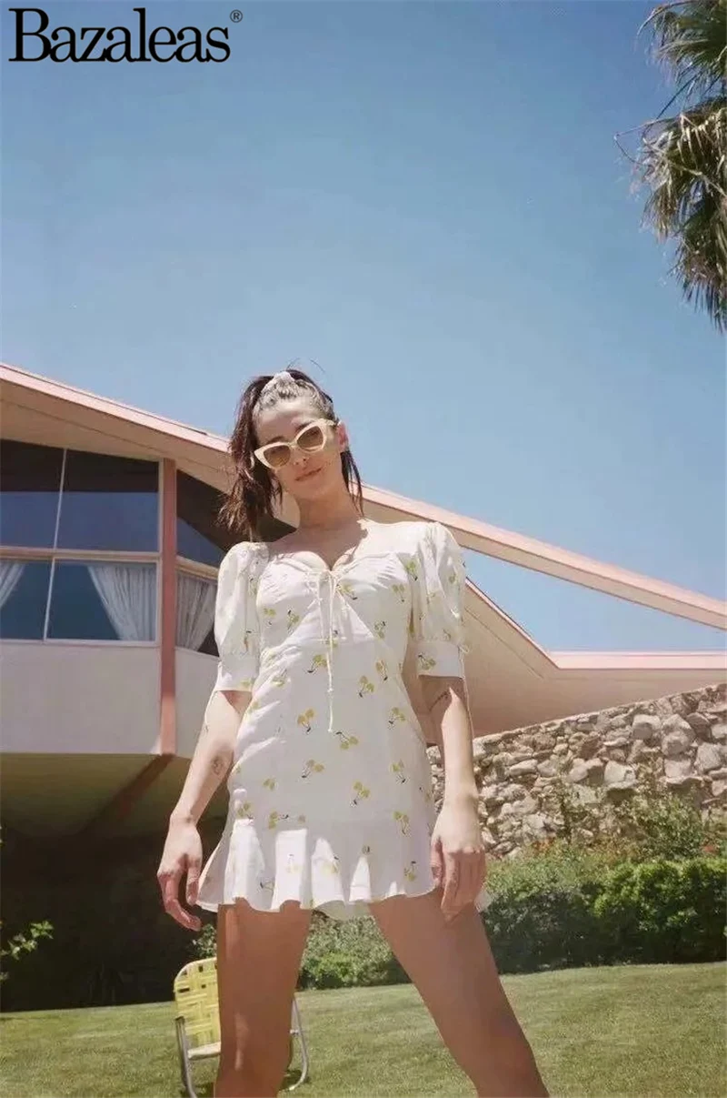 Женское платье с желтым вишневым белым квадратным вырезом принтом оборками