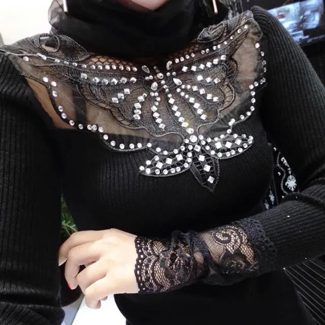 

Fashion New Slim Sweater Autumn Winter Diamonds Mesh Turtleneck Knitted Sexy Pullovers Embroidiery Lace Party Sweaters NS194