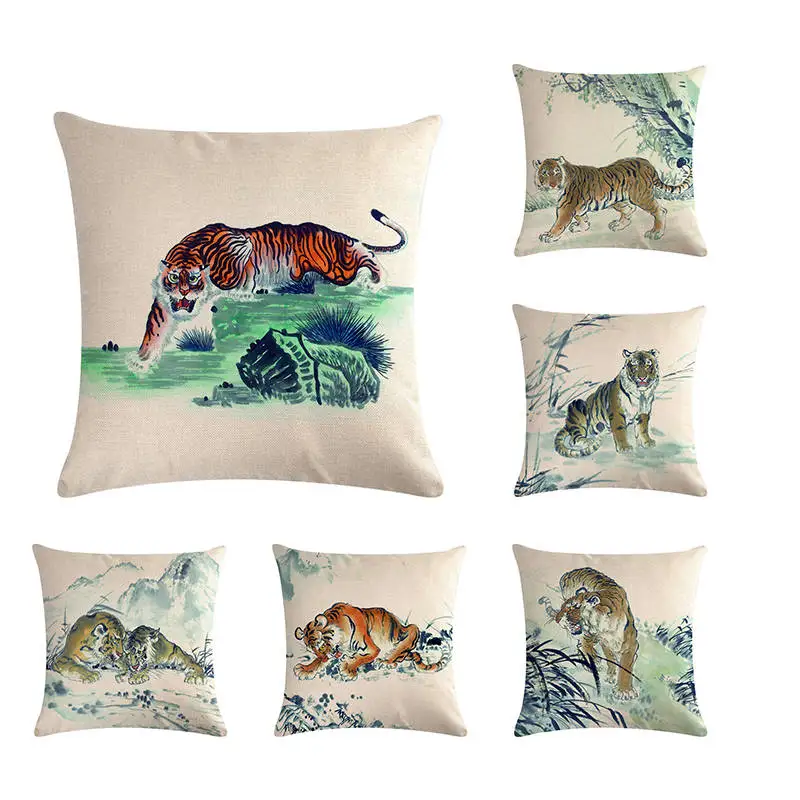 Китайская живопись чернилами монутайн Подушка с изображением тигра винтажная