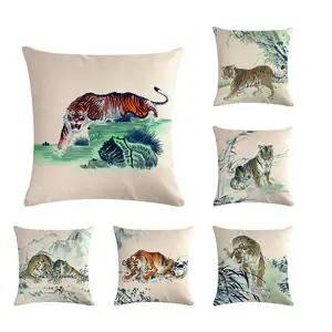 Китайская живопись чернилами монутайн Подушка с изображением тигра винтажная домашняя декоративная наволочка из хлопка и льна для дивана ZY386