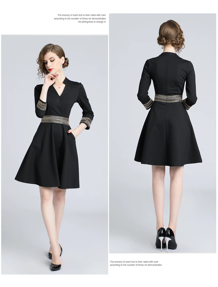 Осеннее женское платье с длинными рукавами и вышивкой Vestidos Casuales Mujer, черное офисное платье миди Lange Jurken K6202