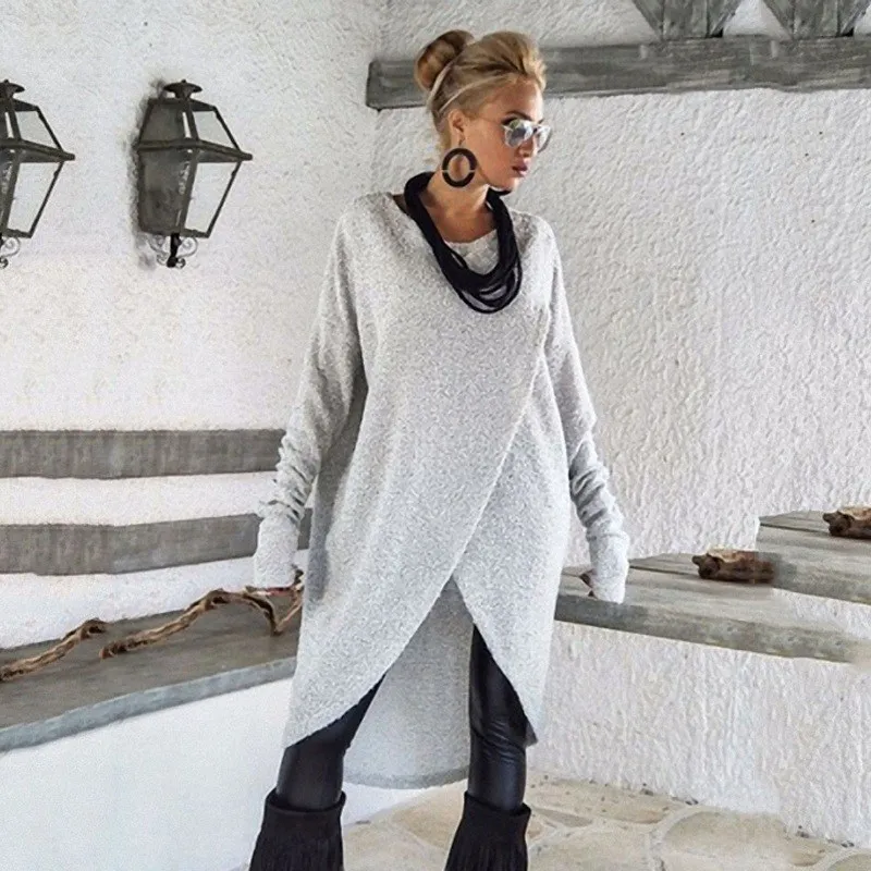 Autumn Fashion Women Long Sleeve Asymmetric Tops Casual O-neck Oversize Hem Irregular Loose Solid Knitted Pullover |