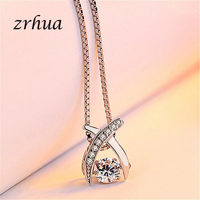 ZRHUA 925 Sterling Silver Necklace Crystal Long Pendant Neckace For Women Gift 45cm Box Chain choker Collares Mujer Female Gifts | Украшения