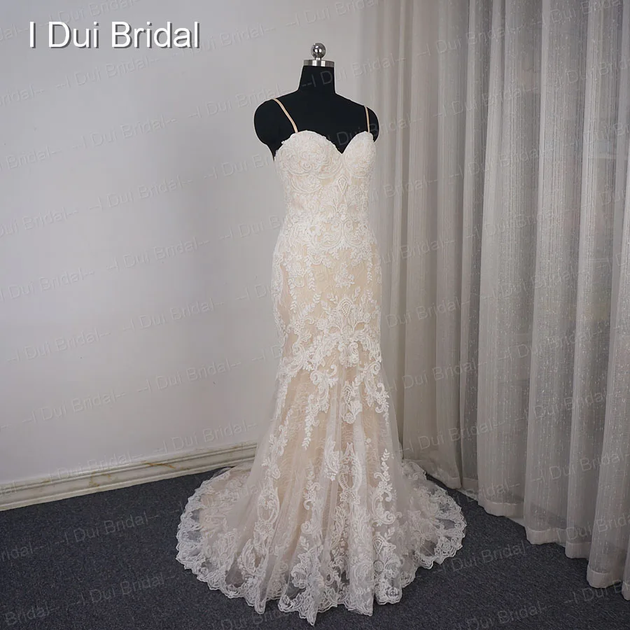 Sheath Wedding Dress with Champagne Lining Detachable Spaghetti Strap Detachable Tulle Out Skirt