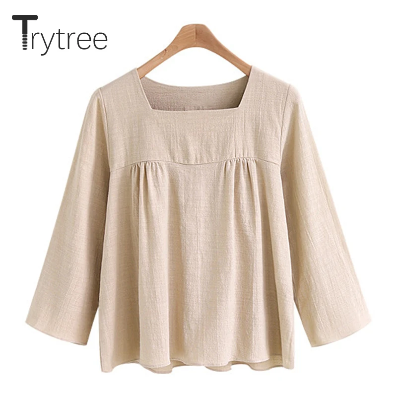 Trytree Весна Лето Топ Женская футболка Повседневная хлопковая льняная рубашка