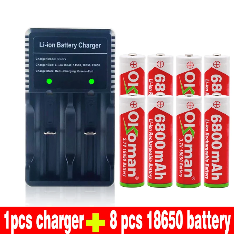 Синий Okoman 18650 аккумулятор 3,7 V 6800 mAh перезаряжаемый литий-ионный аккумулятор для игрушки светодиодный фонарик вспышки электроинструменты+ USB зарядное устройство - Цвет: Синий
